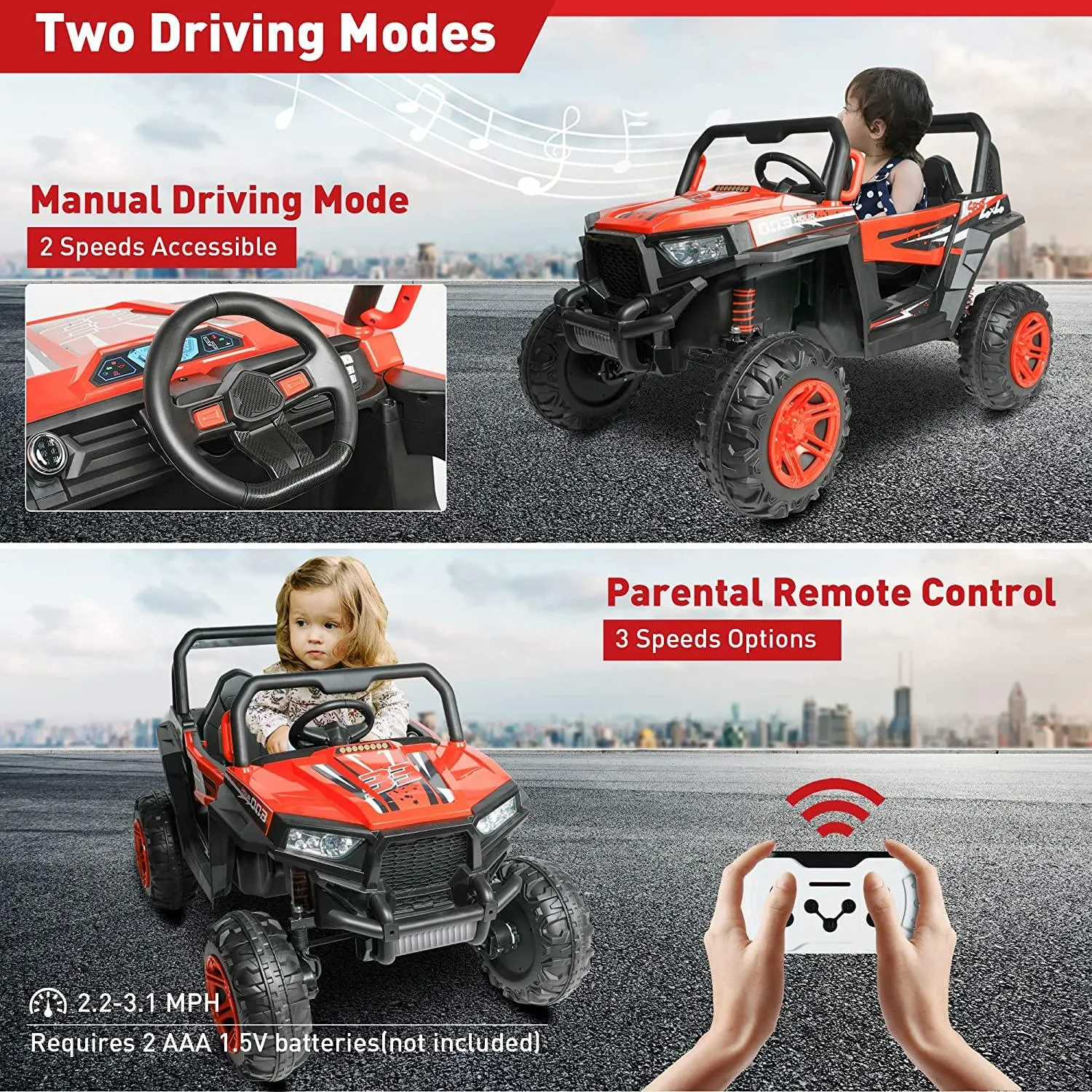 2 Seater Ride On Car Truck 12V Battery Powered Electric Vehicle with Parent Remote Control 4WD Kids Electric Car