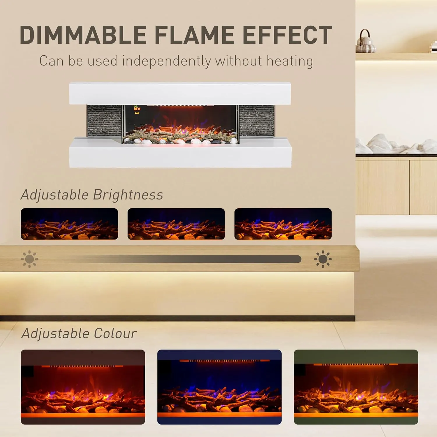 2000W Wall Mounted Electric Fireplace, Freestanding, 2000W, White