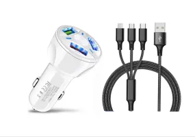 3 Port Fast LED White Car Charger   3 in 1 Cable Combo Black