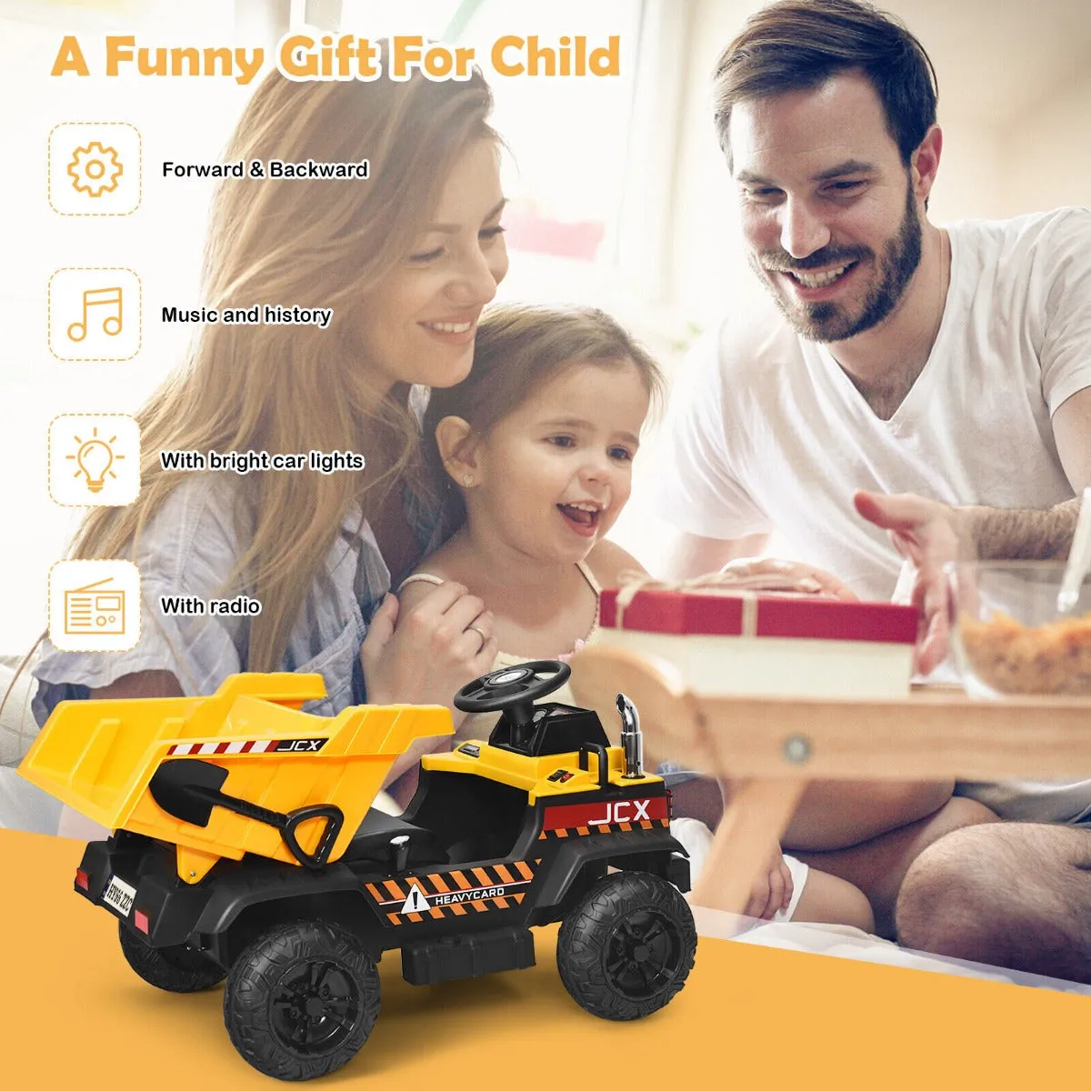 3 Speeds Electric Ride On Dump Truck with Remote Control and Music for Kids-Yellow