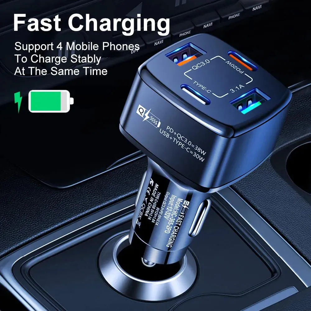 4 Port PD/USB Car Charger and 10FT Charger Compatible for Iphone Silver