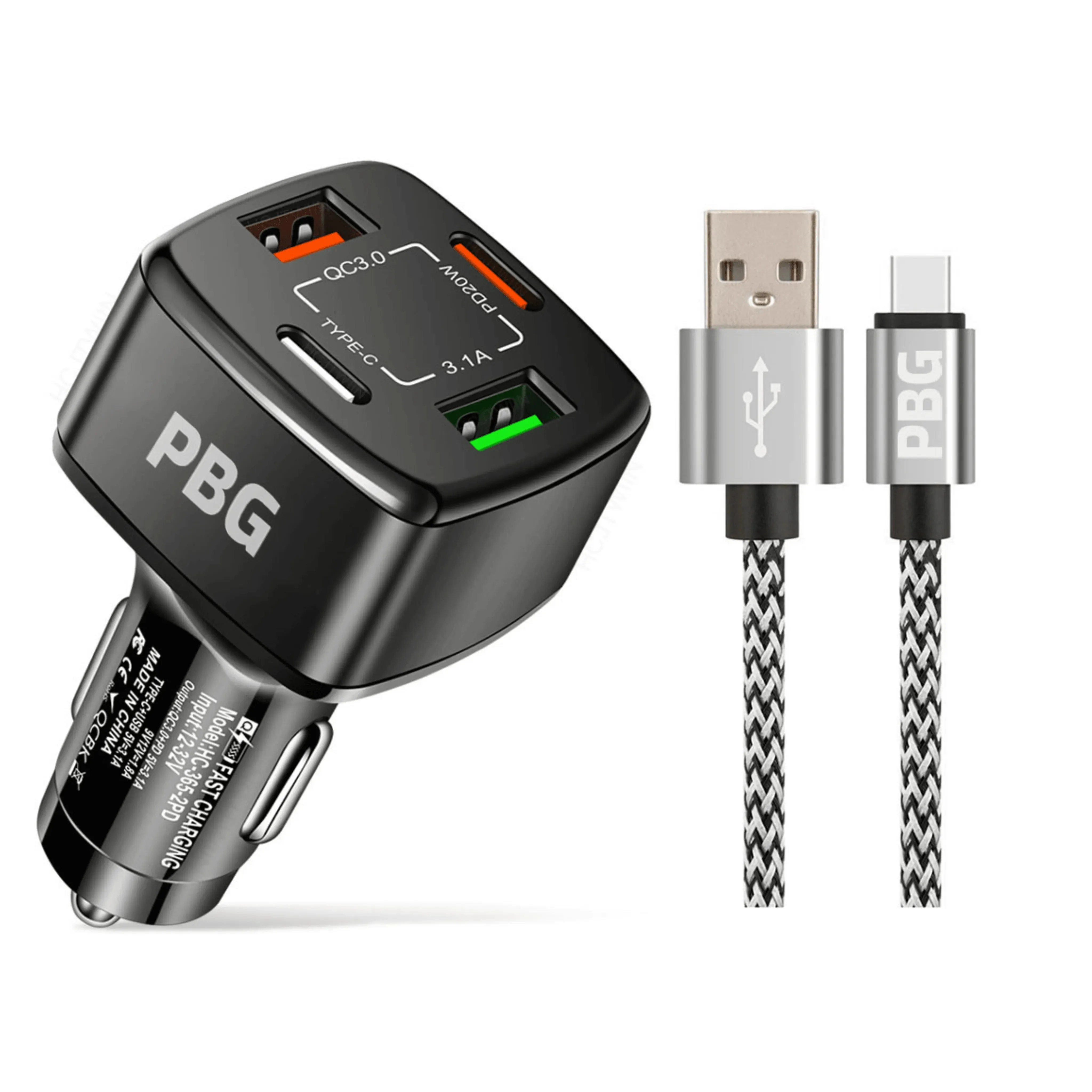 4 Port PD/USB Car Charger and 10FT Charger Compatible for Iphone Silver