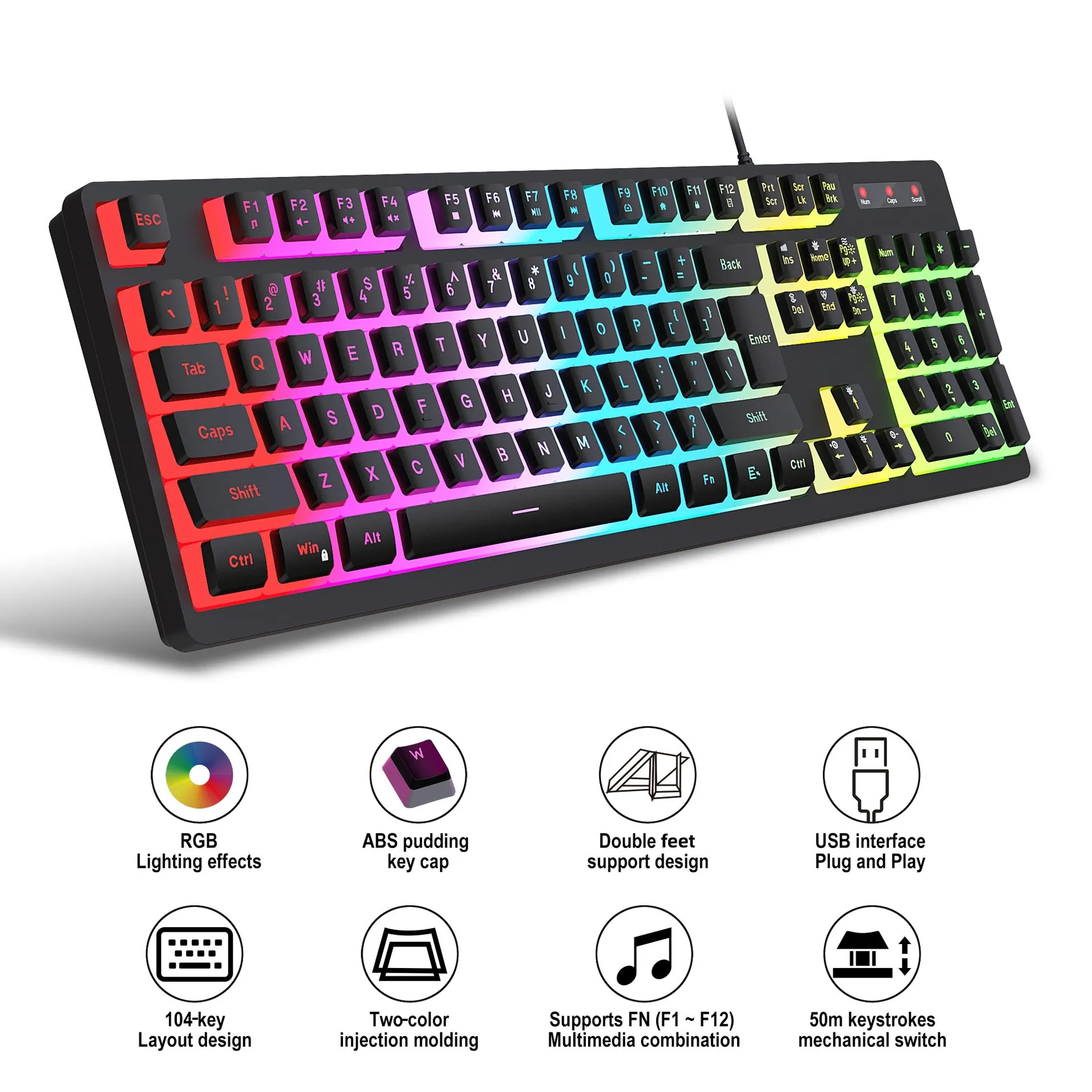 Anti-ghosting 104 Keys Membrane Wired Keyboard with RGB Backlit   7D 3600 DPI Gaming Mouse Combo