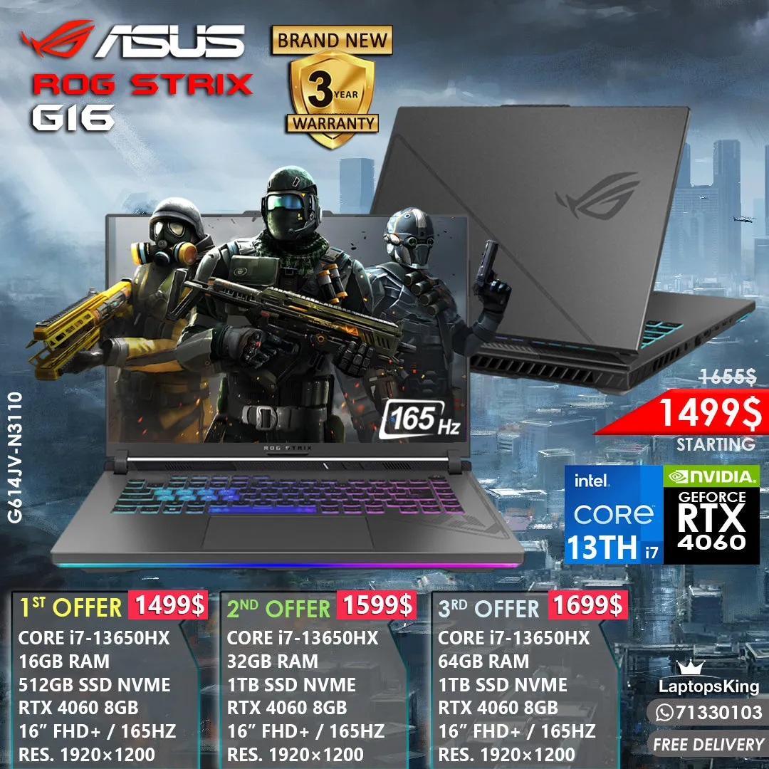 Asus Rog Strix G16 G614JV-N3110 Core i7-13650hx Rtx 4060 165hz 16” Gaming Laptops (Brand New)