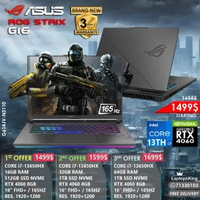 Asus Rog Strix G16 G614JV-N3110 Core i7-13650hx Rtx 4060 165hz 16” Gaming Laptops (Brand New)