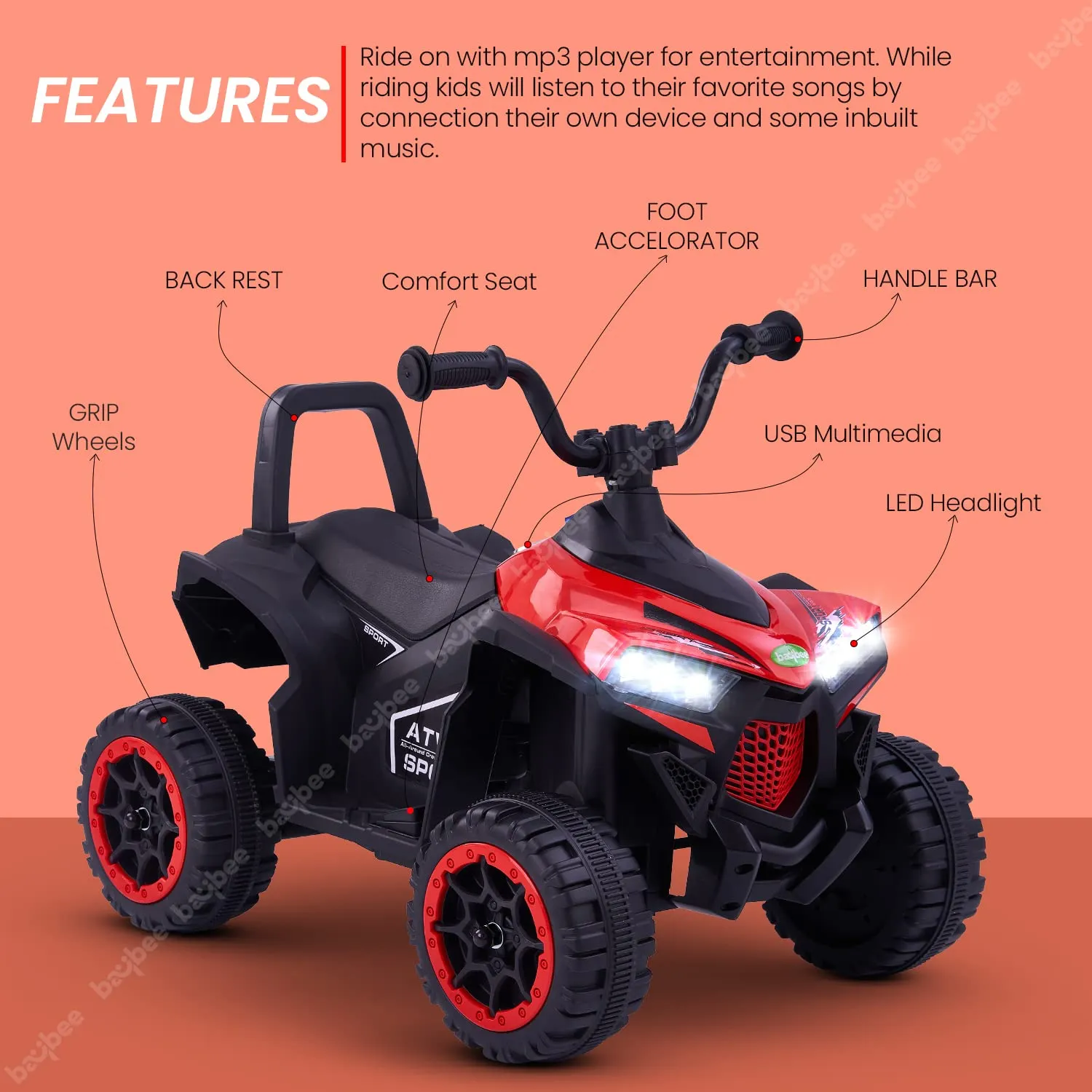 Baybee ATV Rechargeable Battery Operated Ride on Electric Kids Bike, Kids Ride on Baby Bike with LED Light, USB Port, Music | Electric Bike for Kids to Drive 2 to 5 Years Boys Girls (Monster, Red)