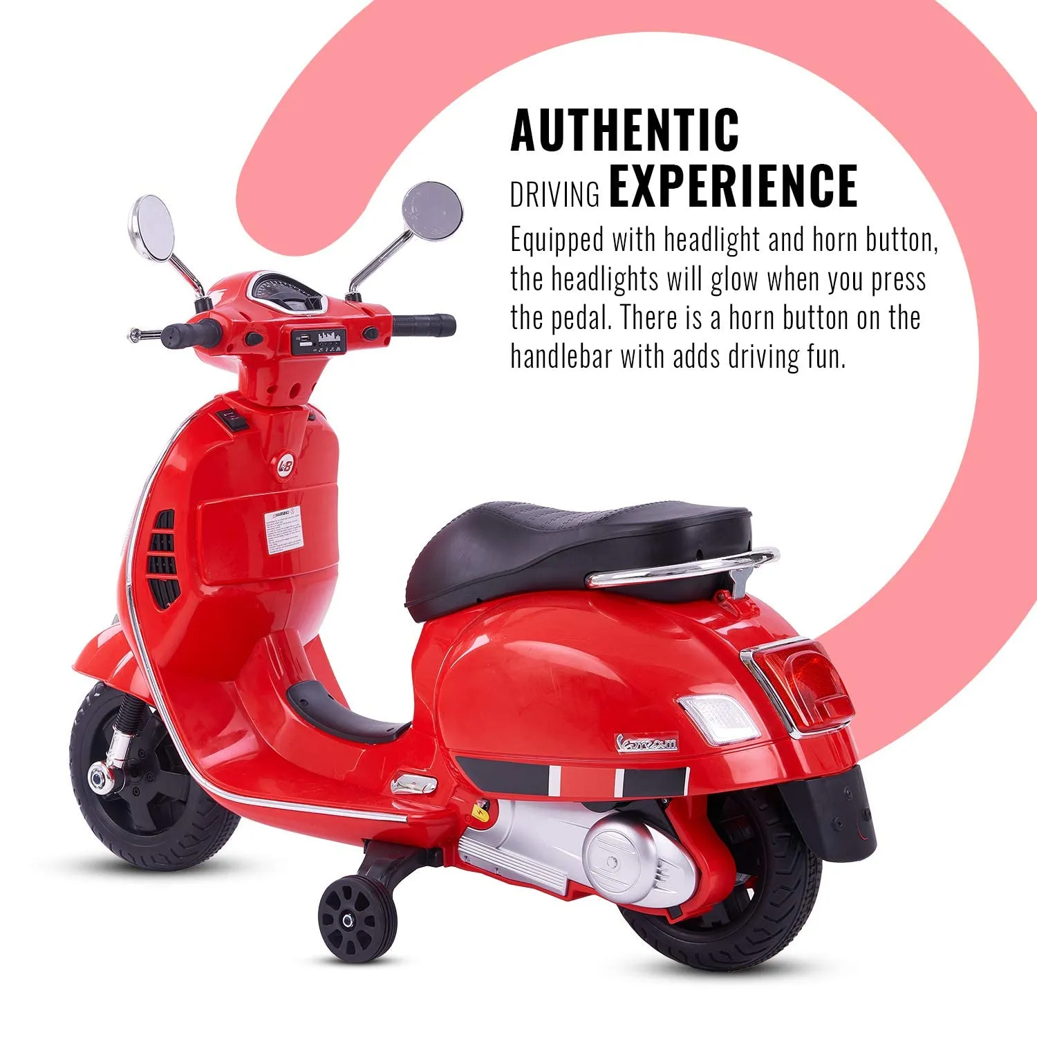 Baybee Vespa Battery Operated Ride on Electric Kids Bike with Training Wheels, Music & USB Port.