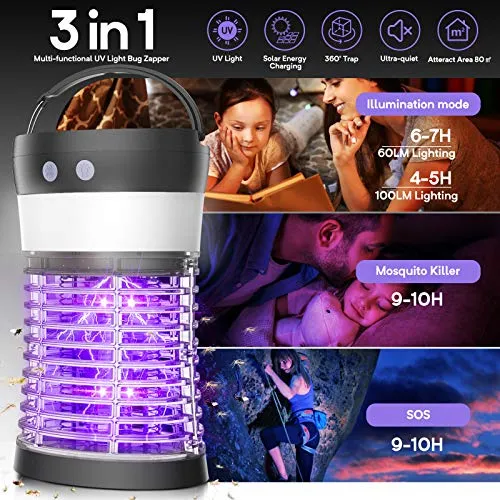 Bug Zapper Indoor Outdoor, Solar Mosquito Zapper, 3 in 1 Mosquito Trap Cordless & Rechargeable, 3500 Volt Electric Insect Fly Trap Equipped 2500mAh Battery for Home,Kitchen,Patio (3000 Volt)