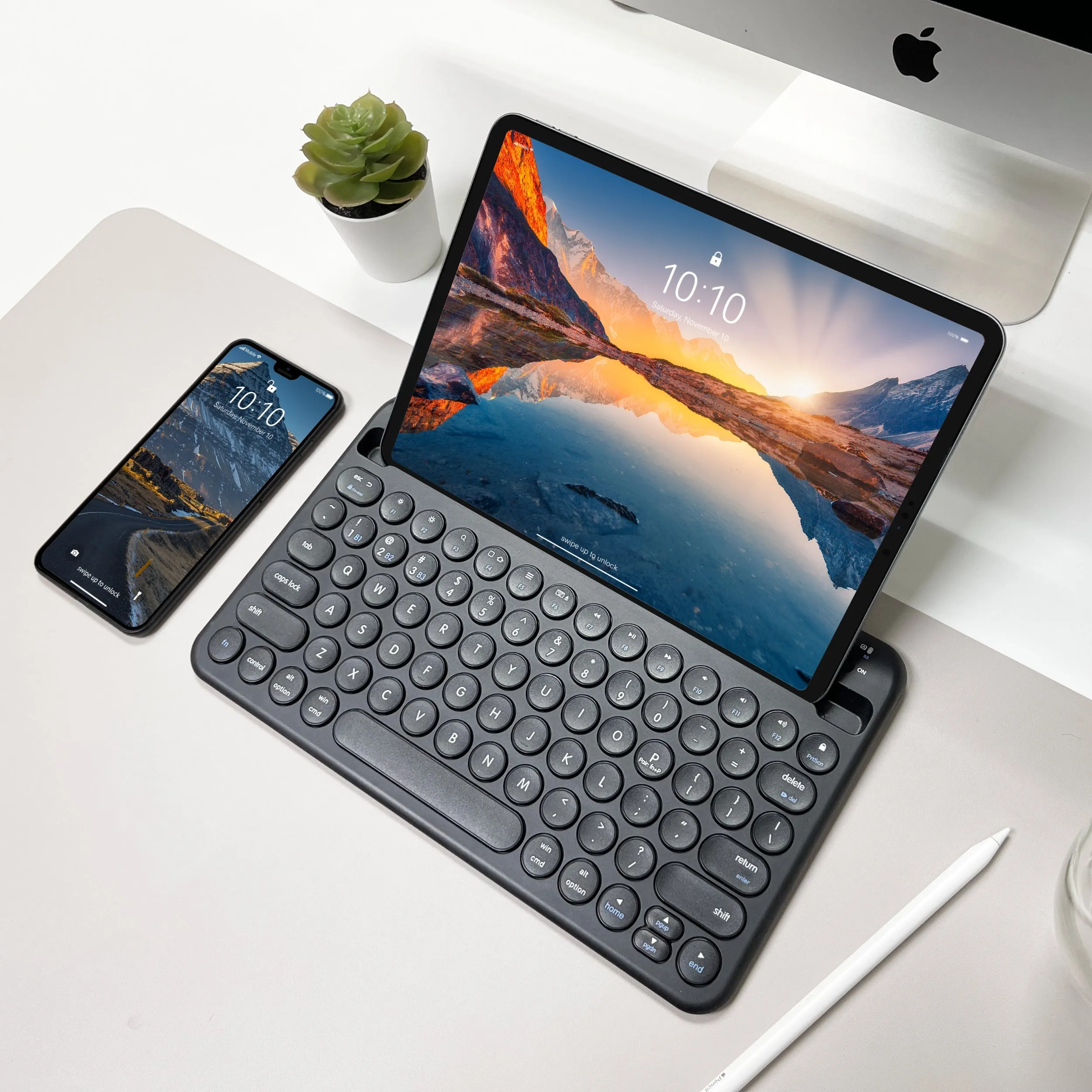 Compact Bluetooth Keyboard for Mac with iPhone or iPad Holder (Black)