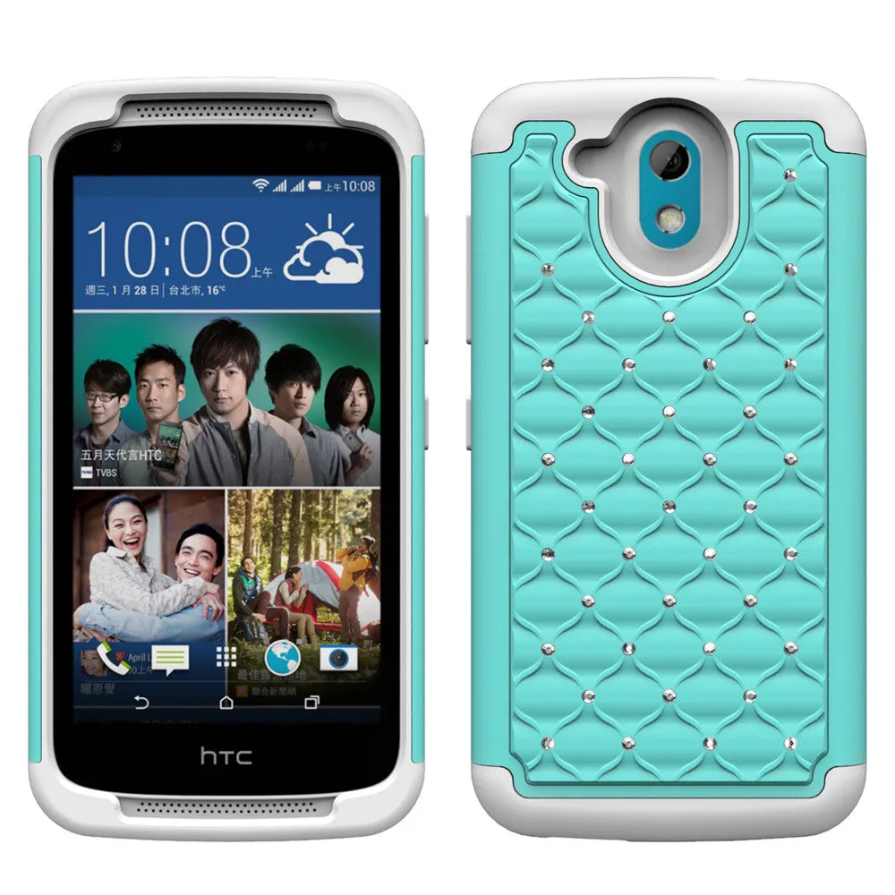 HTC Desire 526 Rhinestone Case , Slim Hybrid Dual Layer[Shock Resistant] Crystal Rhinestone Studded Case Cover - Baby Teal/White