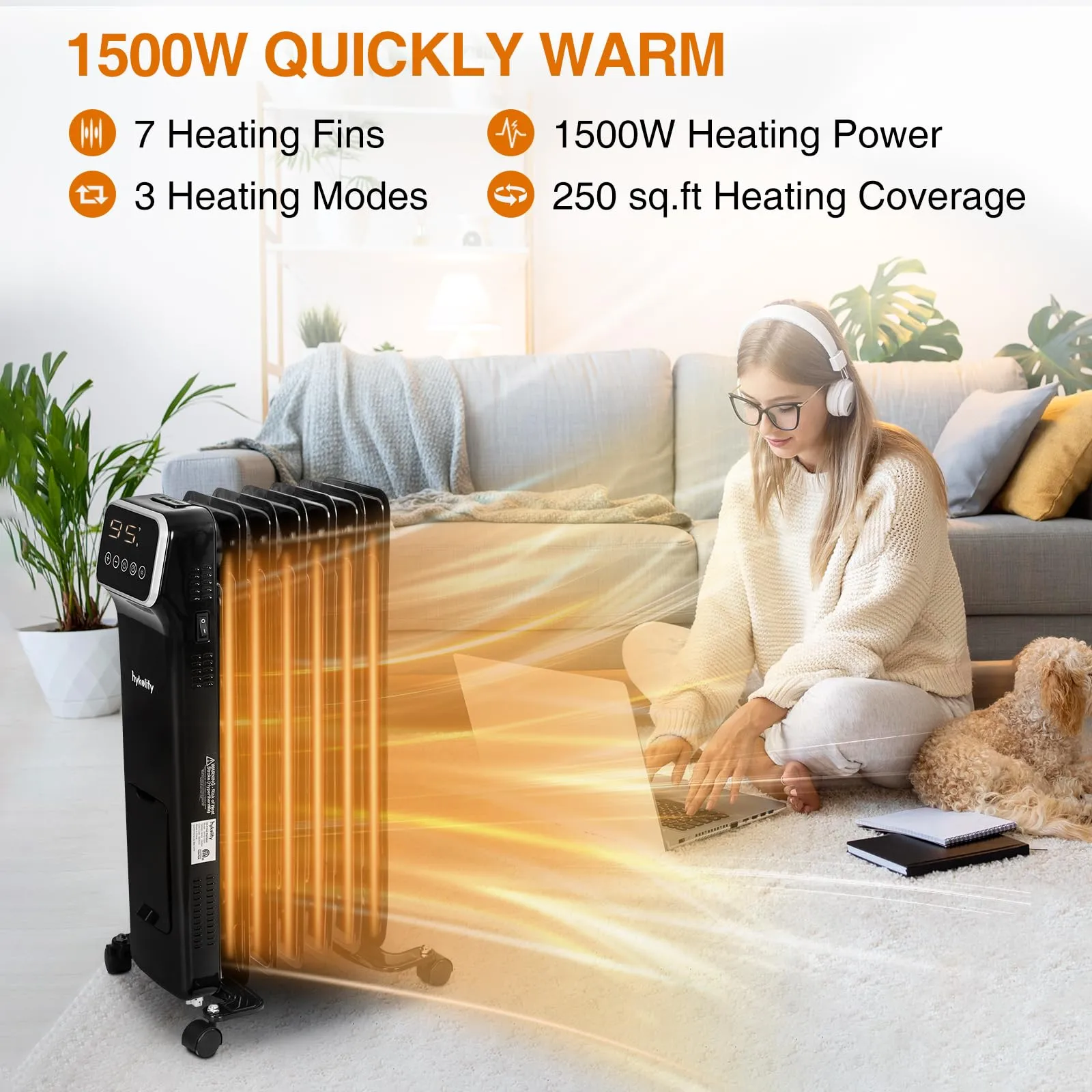 Hykolity 1500W Oil Filled Radiator Heater with Remote Control, Electric Space Heater with 3 Heating Modes & 24H Timer, Adjustable Thermostat, Overheat & Tip-Over Protection for Home, Indoor Use, Black