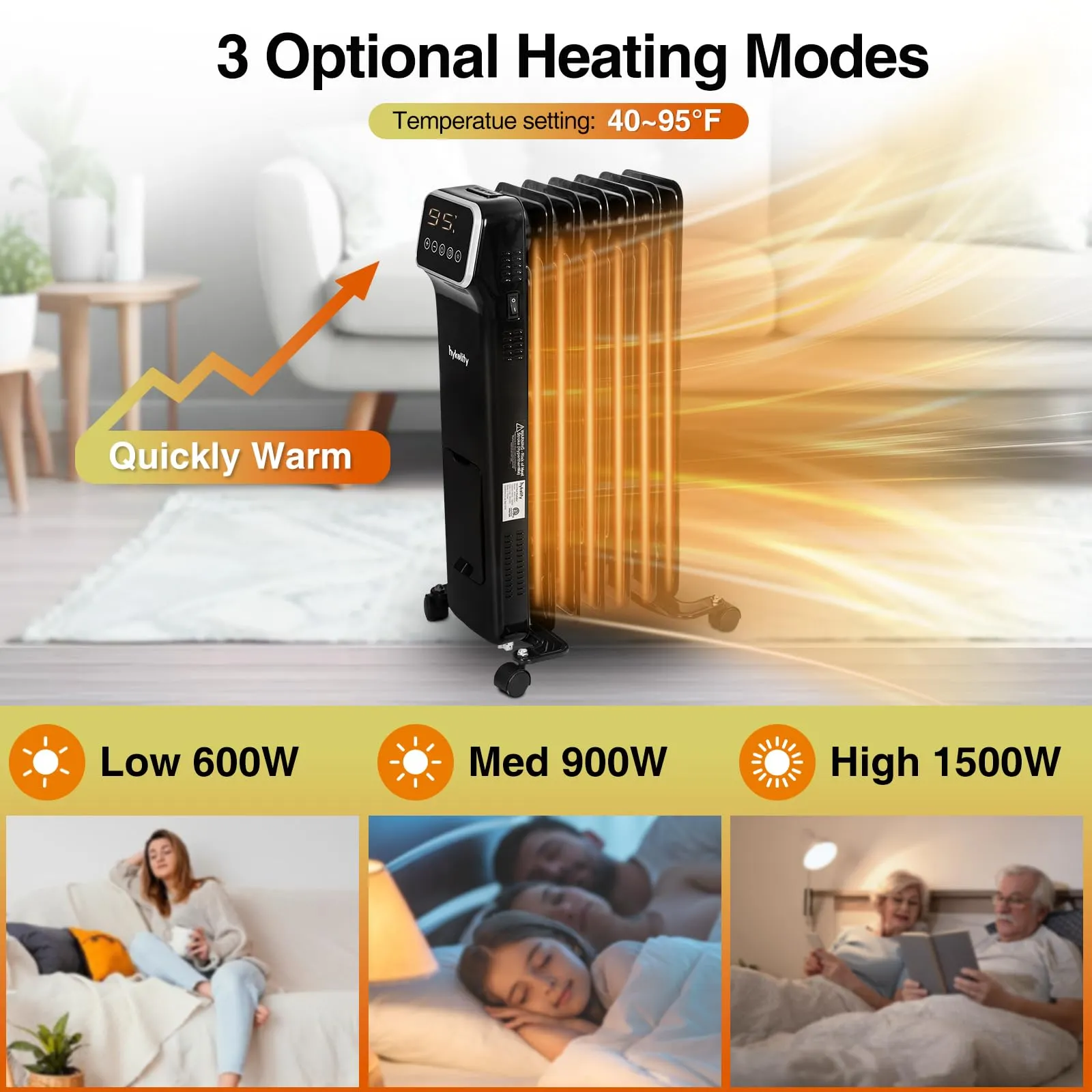 Hykolity 1500W Oil Filled Radiator Heater with Remote Control, Electric Space Heater with 3 Heating Modes & 24H Timer, Adjustable Thermostat, Overheat & Tip-Over Protection for Home, Indoor Use, Black