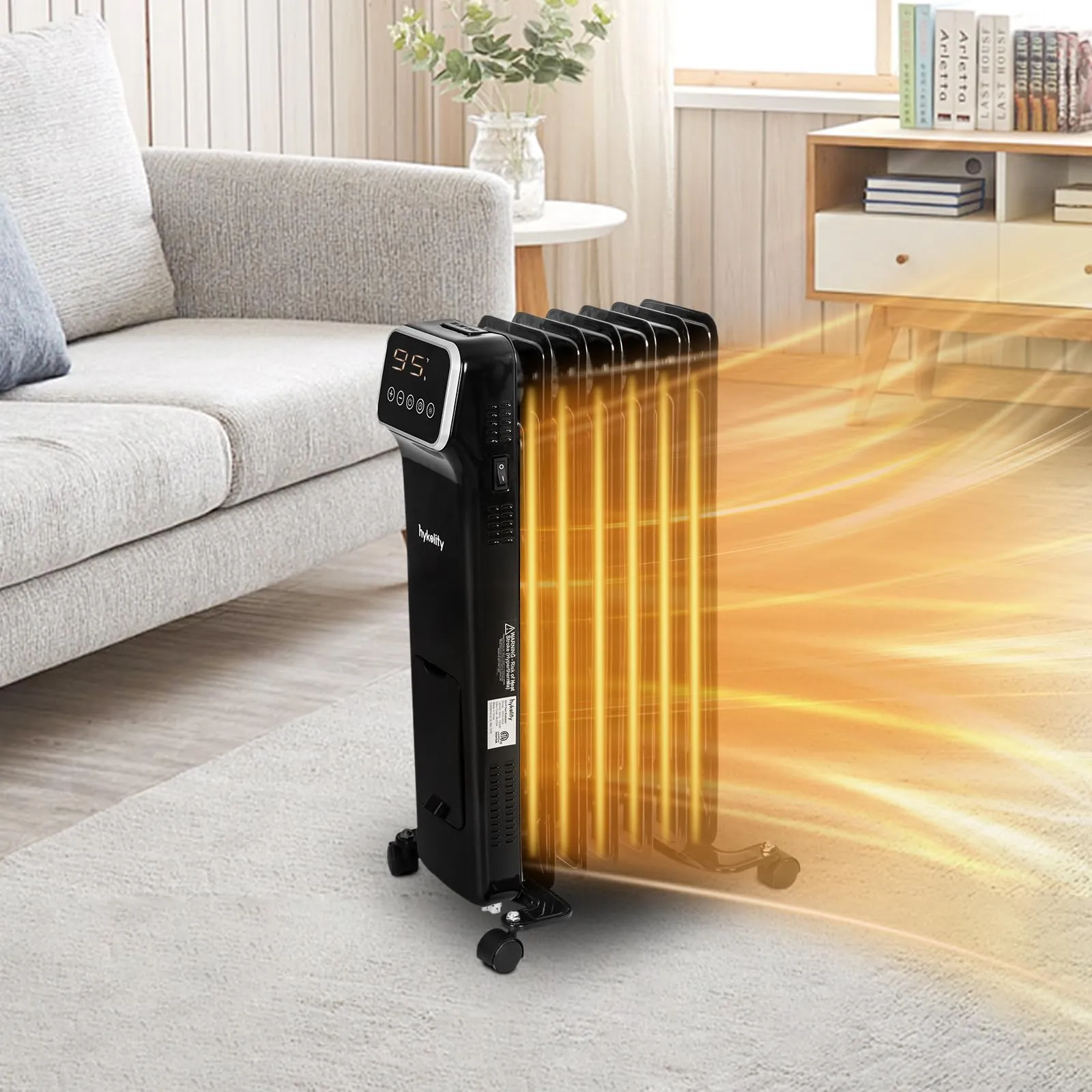 Hykolity 1500W Oil Filled Radiator Heater with Remote Control, Electric Space Heater with 3 Heating Modes & 24H Timer, Adjustable Thermostat, Overheat & Tip-Over Protection for Home, Indoor Use, Black