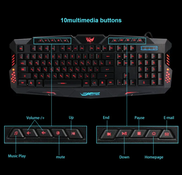 J10 tricolor backlight wired gaming keyboard set colorful luminous