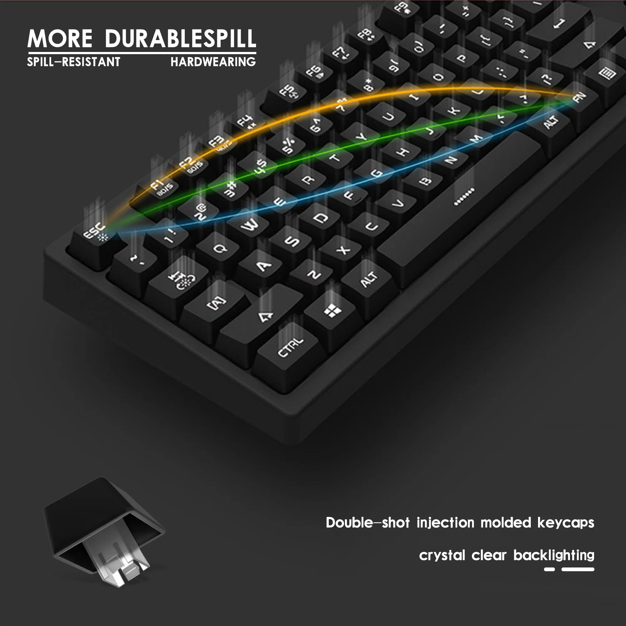 K60-Series 104-Key Full Sized Wired Membrane Keyboard with 3 Color Options and  7-Color Illuminated Backlit