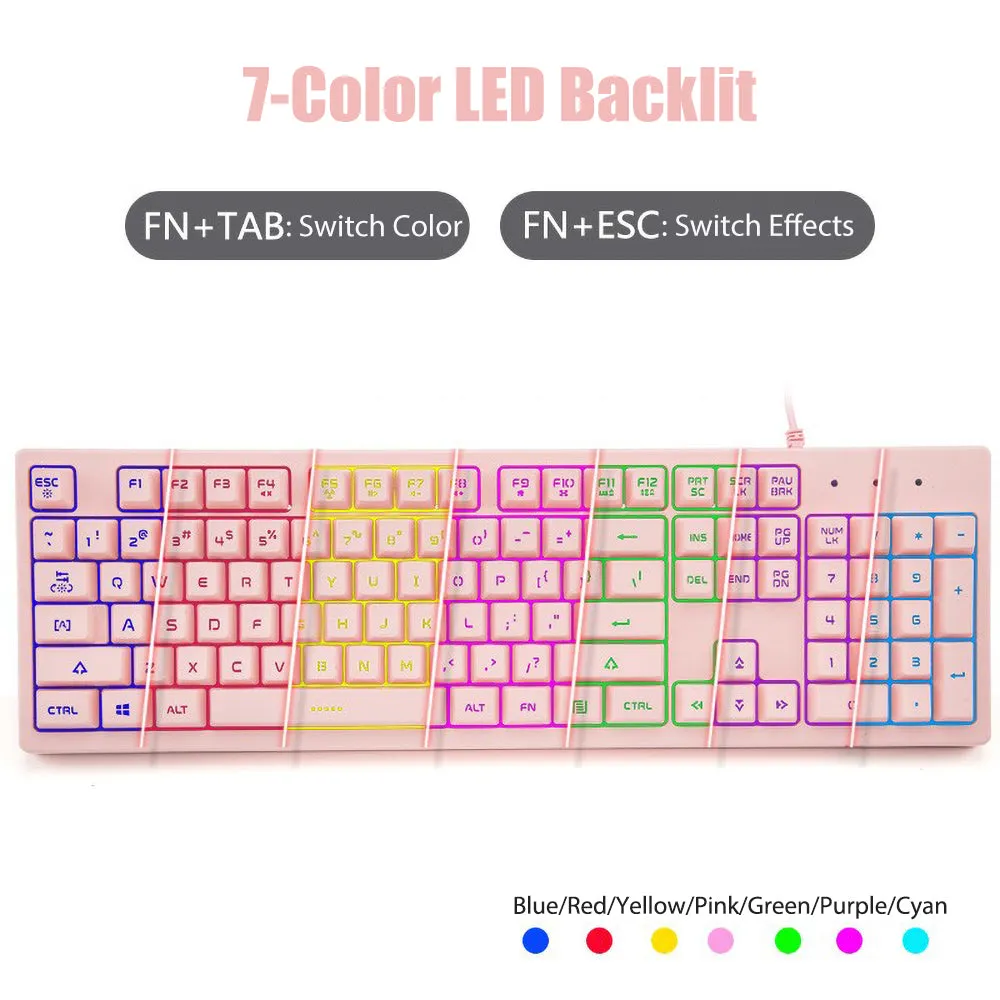 K60-Series 104-Key Full Sized Wired Membrane Keyboard with 3 Color Options and  7-Color Illuminated Backlit