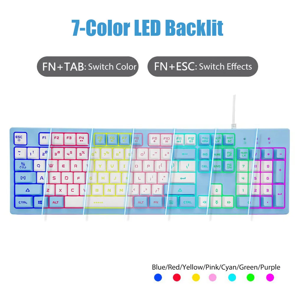 K60-Series 104-Key Full Sized Wired Membrane Keyboard with 3 Color Options and  7-Color Illuminated Backlit