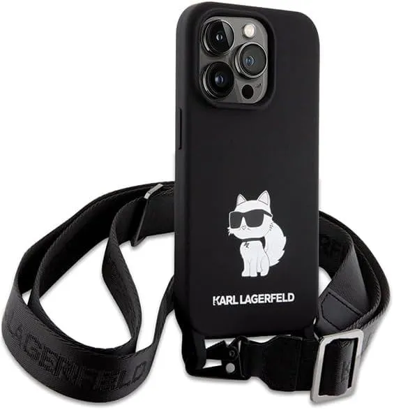 Karl Lagerfeld Choupette Crossbody Silicone Case for iPhone 15 Pro Max 6.7" Black - KLHCP15XCBSCNK