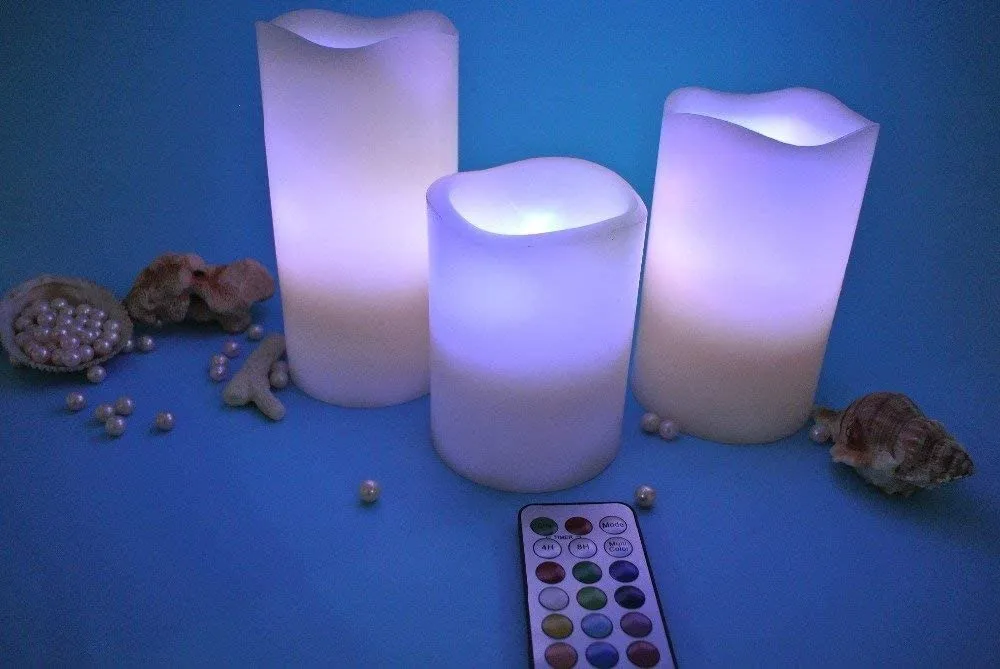 KARMBHUVI Decorative Flameless LED Pillar Luma Candle Lamp Romantic Night Colour Changing Candle with Remote (Set of 3)