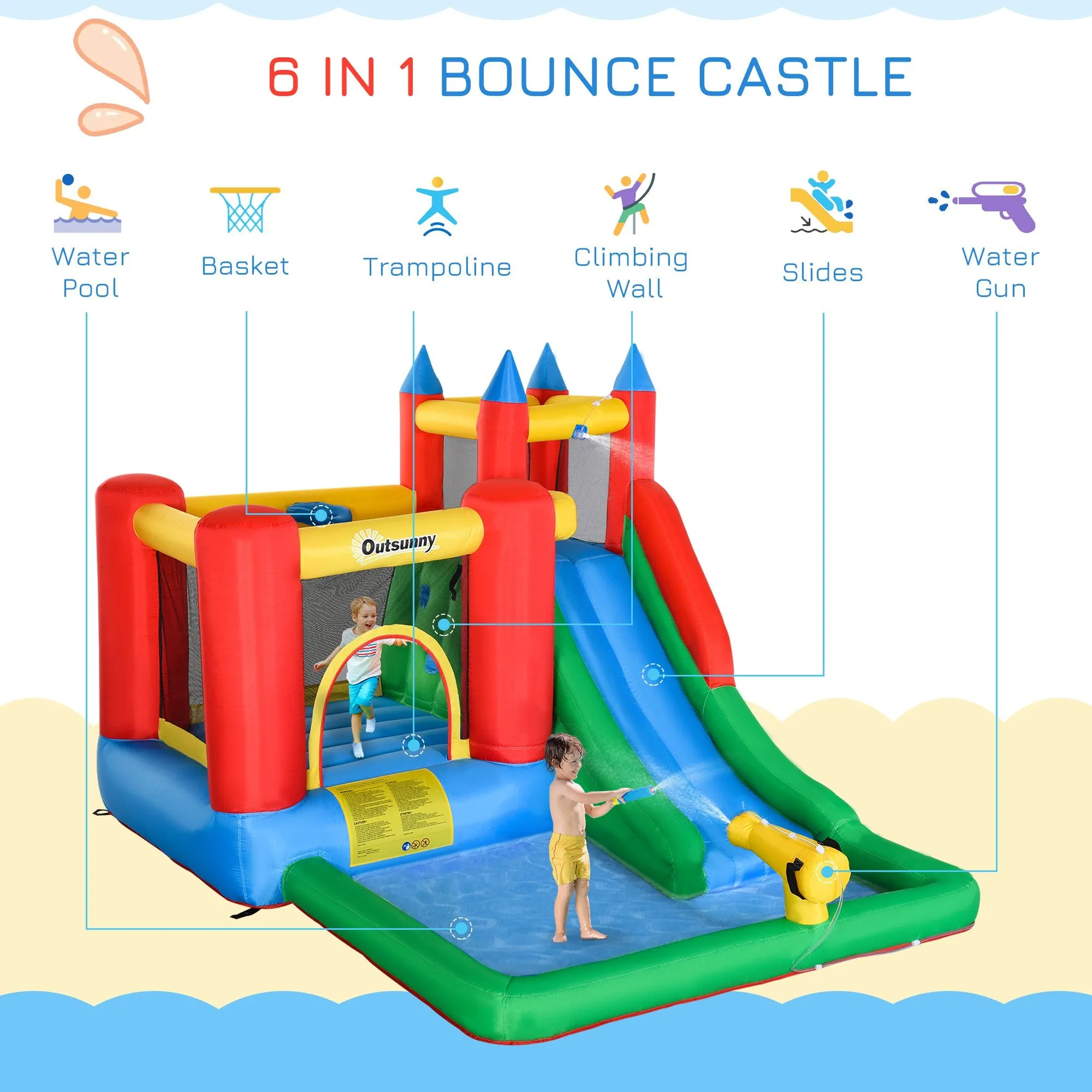 Kids Inflatable Bouncy Castle Water Slide 6 in 1 Bounce House Jumping Castle Water Pool Gun Climbing Wall Basket for Summer Playland