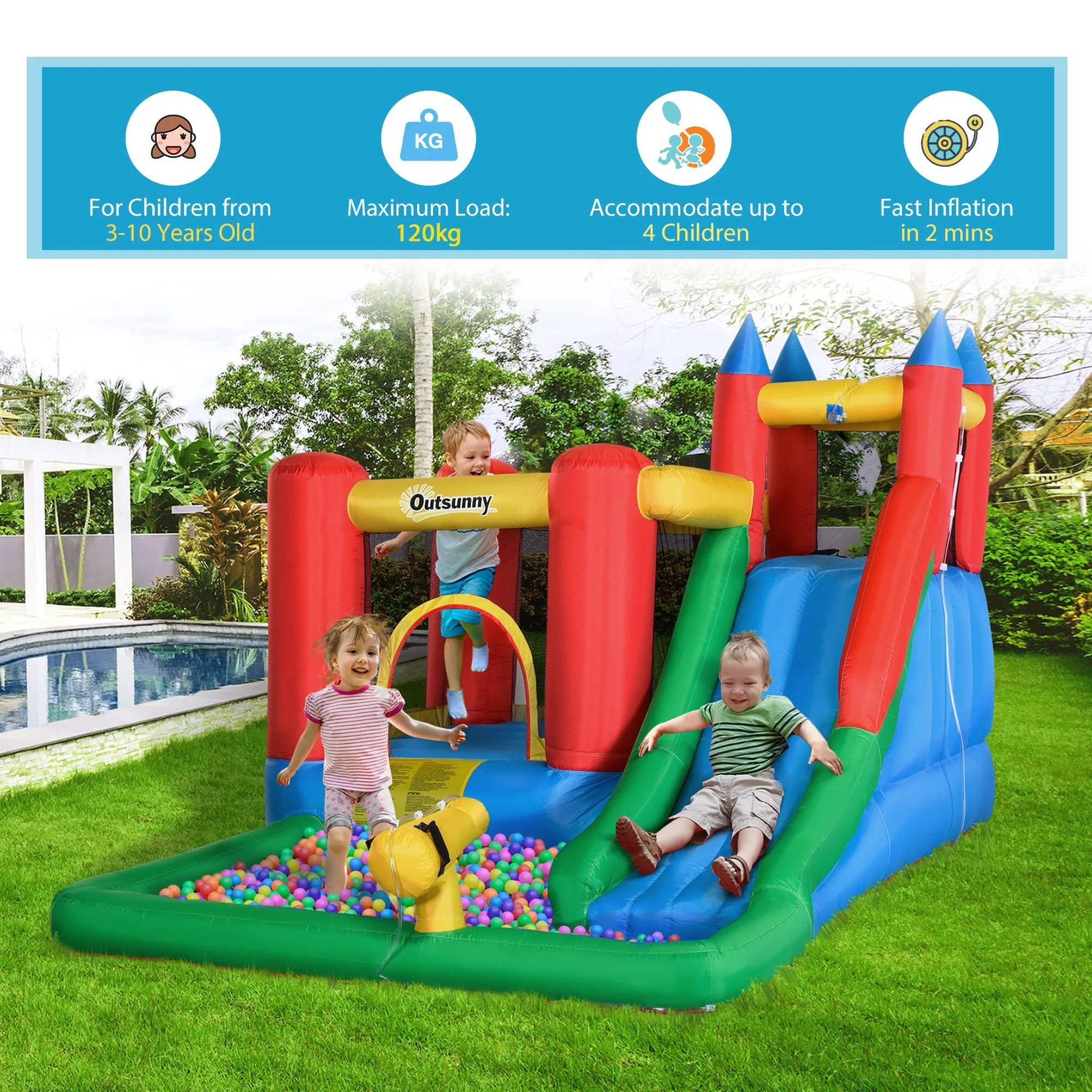 Kids Inflatable Bouncy Castle Water Slide 6 in 1 Bounce House Jumping Castle Water Pool Gun Climbing Wall Basket for Summer Playland