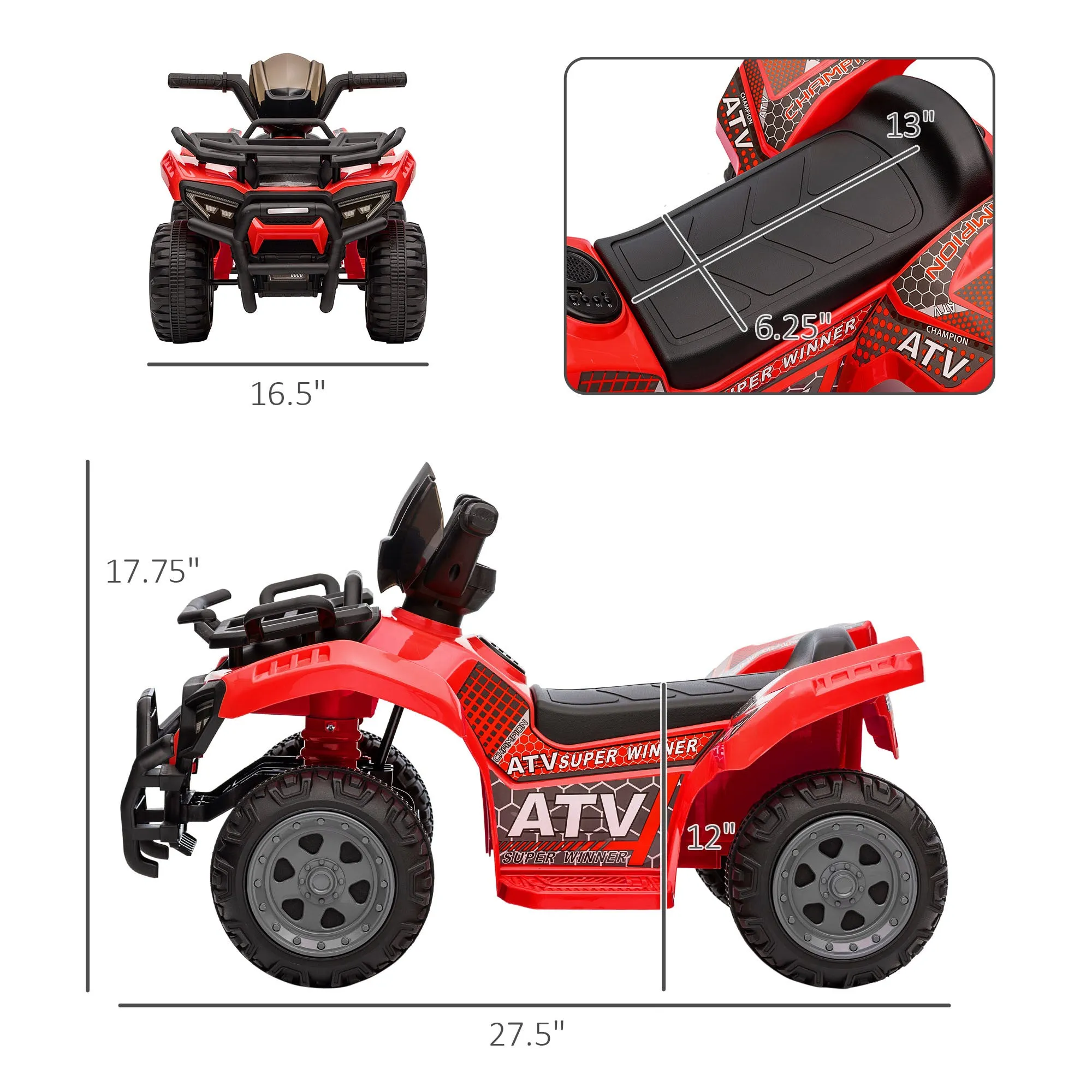 Kids Ride-on ATV Four Wheeler Car 6V Battery Powered Motorcycle with Music for 18-36 Months, Red