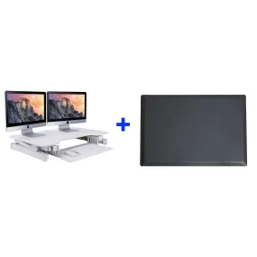 Lorell/Rocelco 32” Height-Adjustable Desk Converter BUNDLE, Anti-Fatigue Mat, Dual-Monitor Retractable Keyboard Tray, R EADRW-MAFM, White