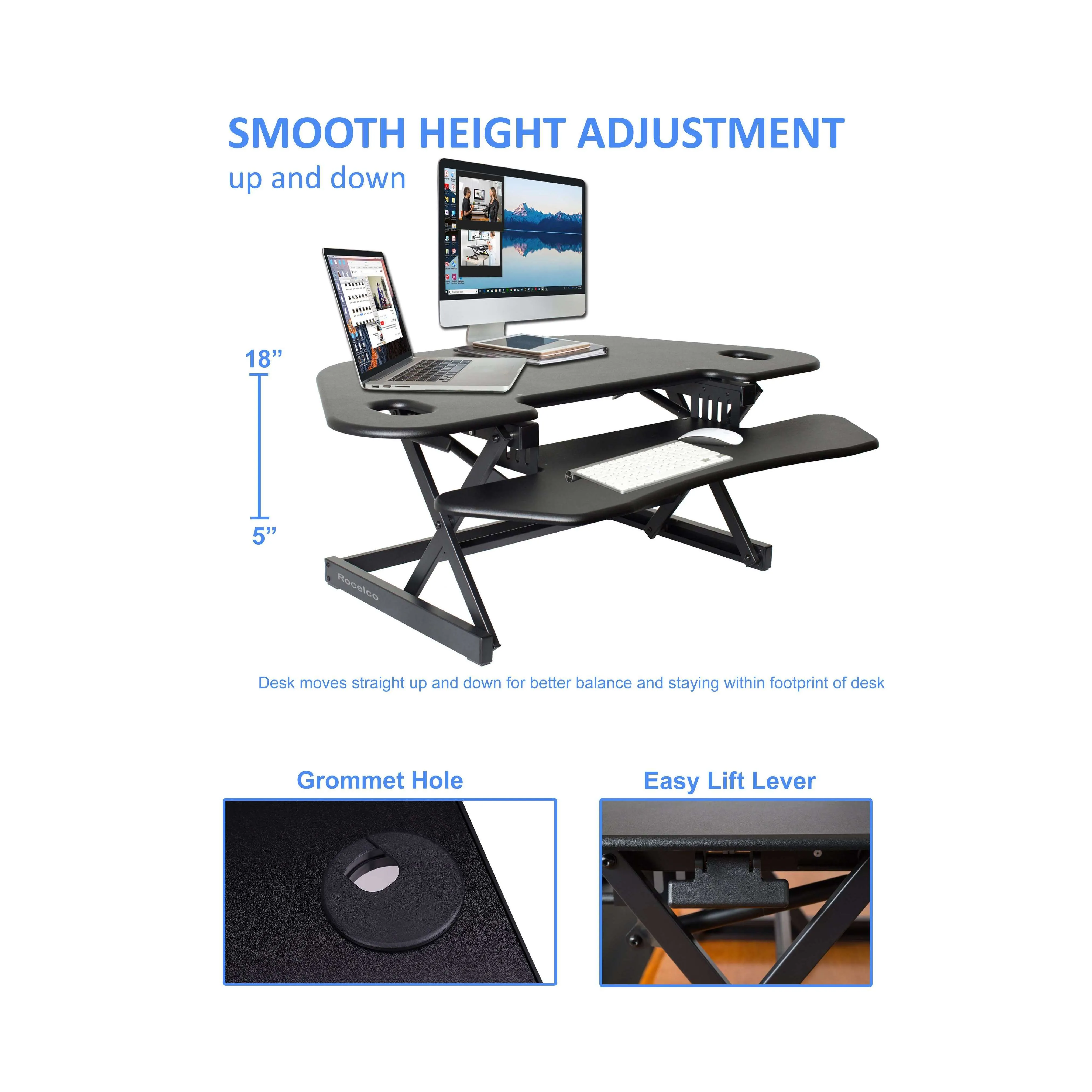 Lorell/Rocelco 46” Height-Adjustable Corner Standing Desk Converter with Dual-Monitor Arm BUNDLE, R CADRB-46-DM2