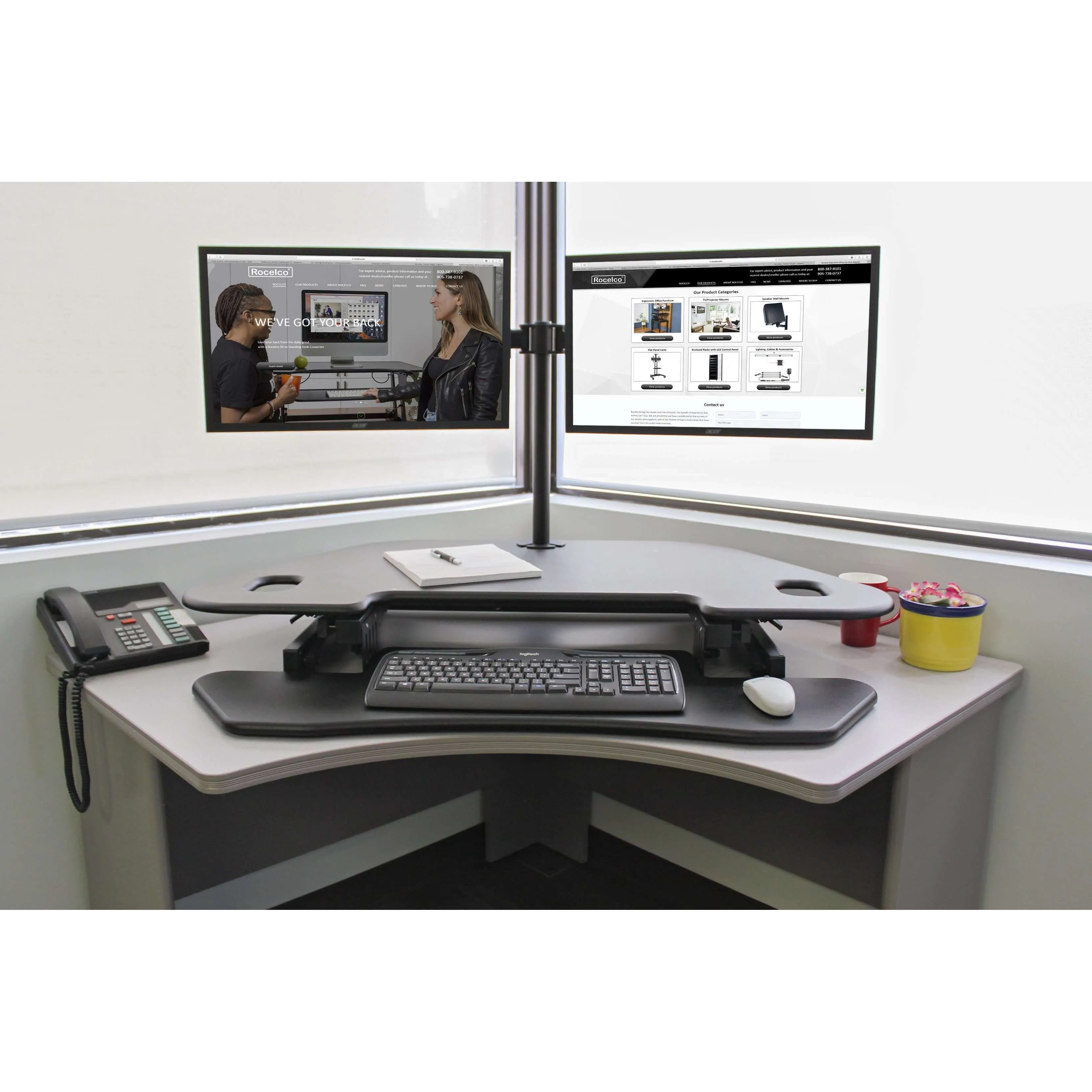 Lorell/Rocelco 46” Height-Adjustable Corner Standing Desk Converter with Dual-Monitor Arm BUNDLE, R CADRB-46-DM2