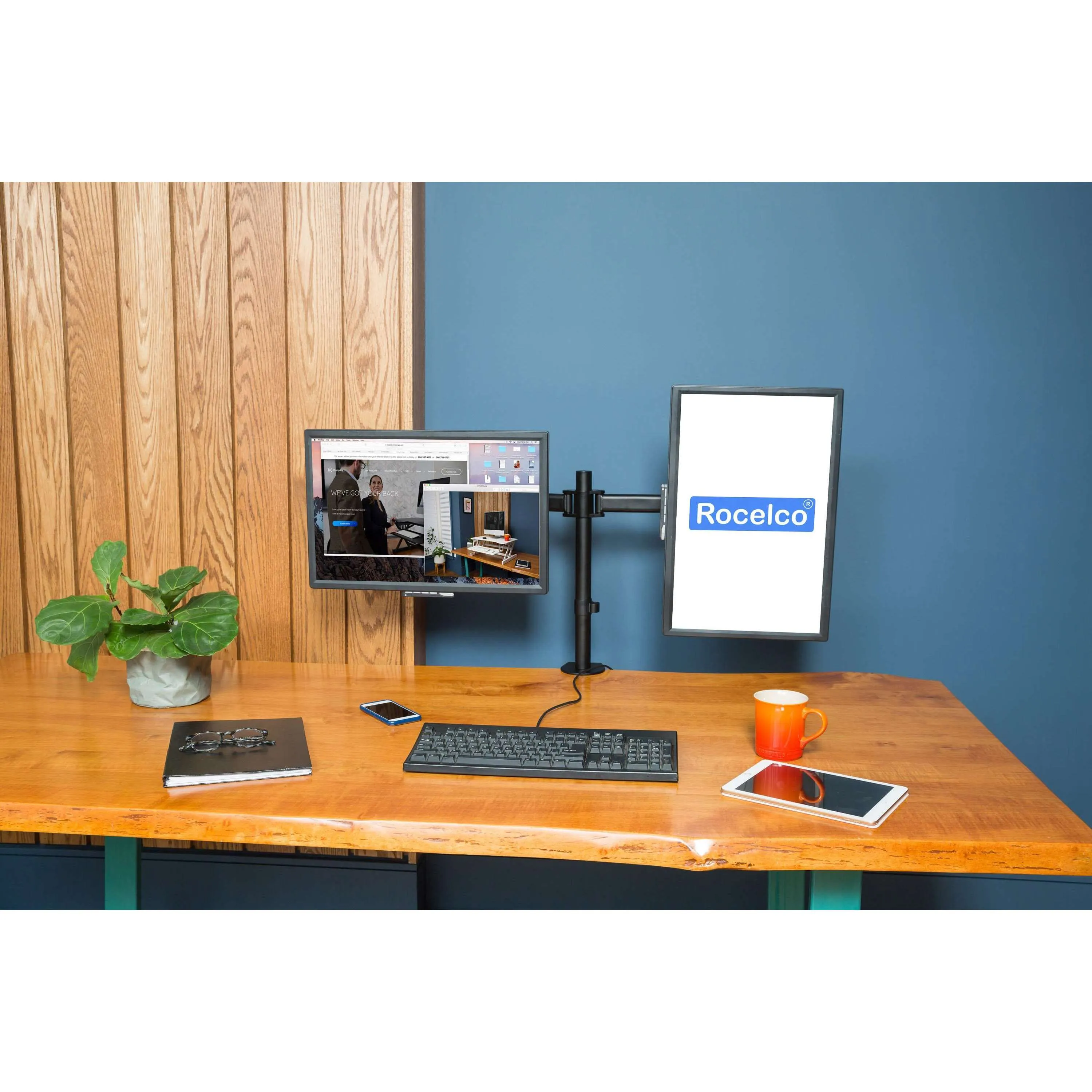 Lorell/Rocelco 46” Height-Adjustable Corner Standing Desk Converter with Dual-Monitor Arm BUNDLE, R CADRB-46-DM2