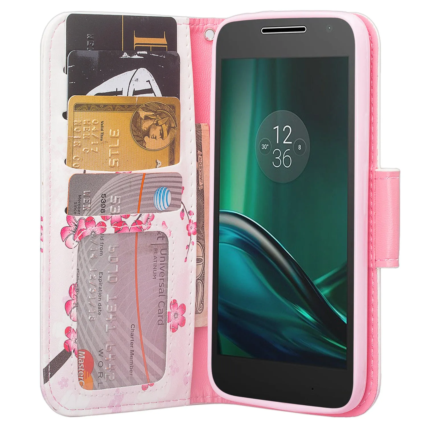 Moto G4 Play Case, Wrist Strap Pu Leather Magnetic Fold[Kickstand] Wallet Case with ID & Card Slots for Motorola G4 Play - Cherry Blossom