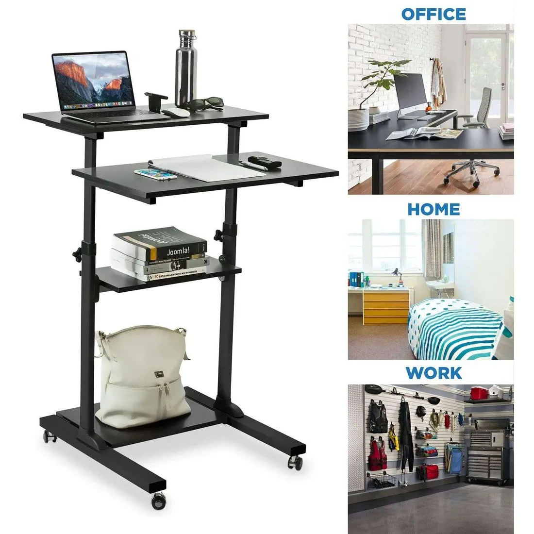 Mount-It! MI-7972/7970 Mobile Standing Desk, Height Adjustable Computer Work Station, Rolling Presentation Cart with 27.5"W Platform, Locking Wheels