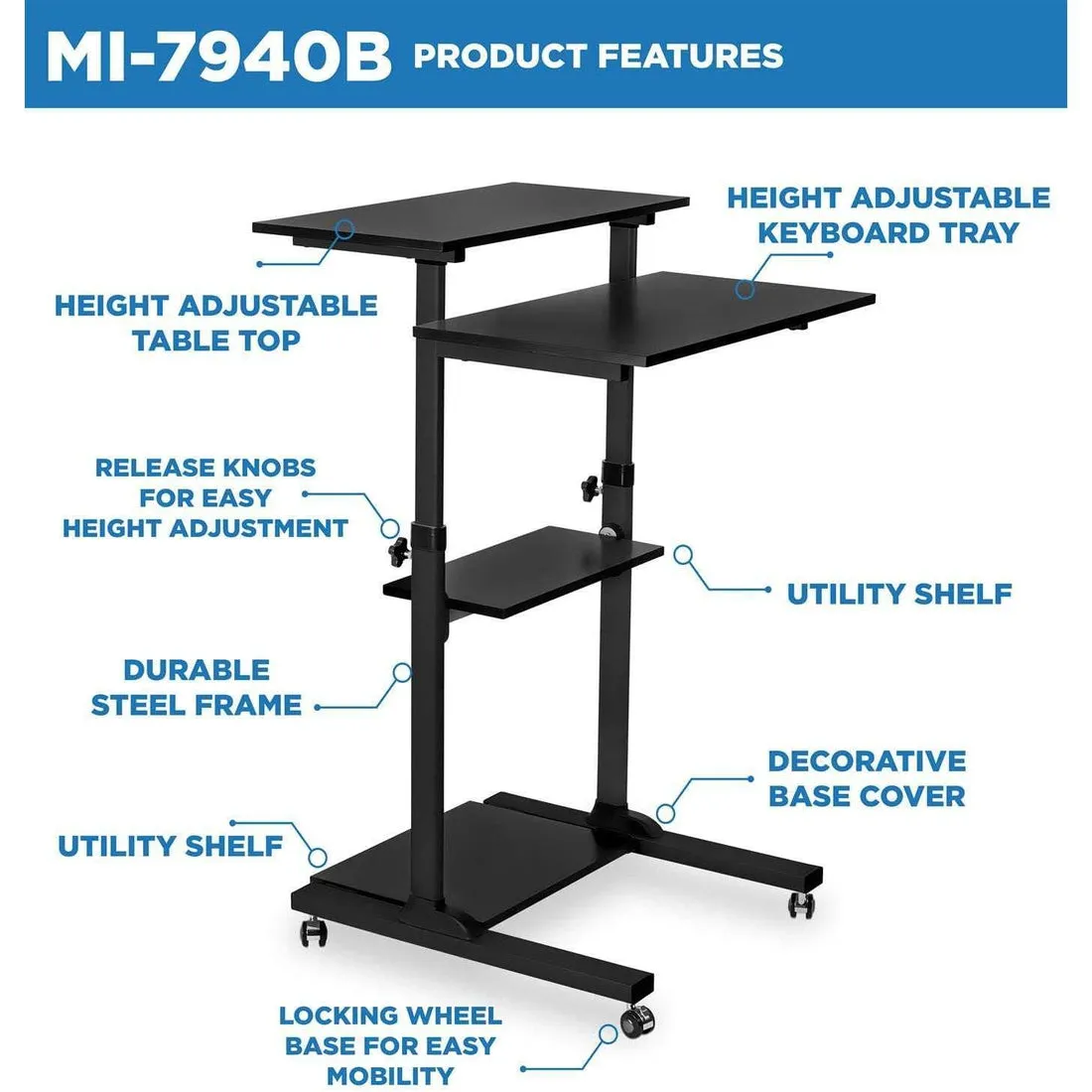 Mount-It! MI-7972/7970 Mobile Standing Desk, Height Adjustable Computer Work Station, Rolling Presentation Cart with 27.5"W Platform, Locking Wheels