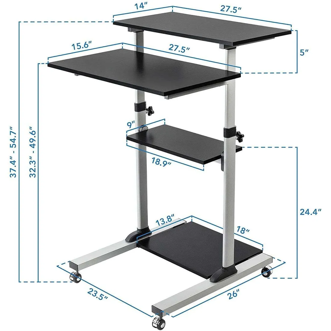 Mount-It! MI-7972/7970 Mobile Standing Desk, Height Adjustable Computer Work Station, Rolling Presentation Cart with 27.5"W Platform, Locking Wheels