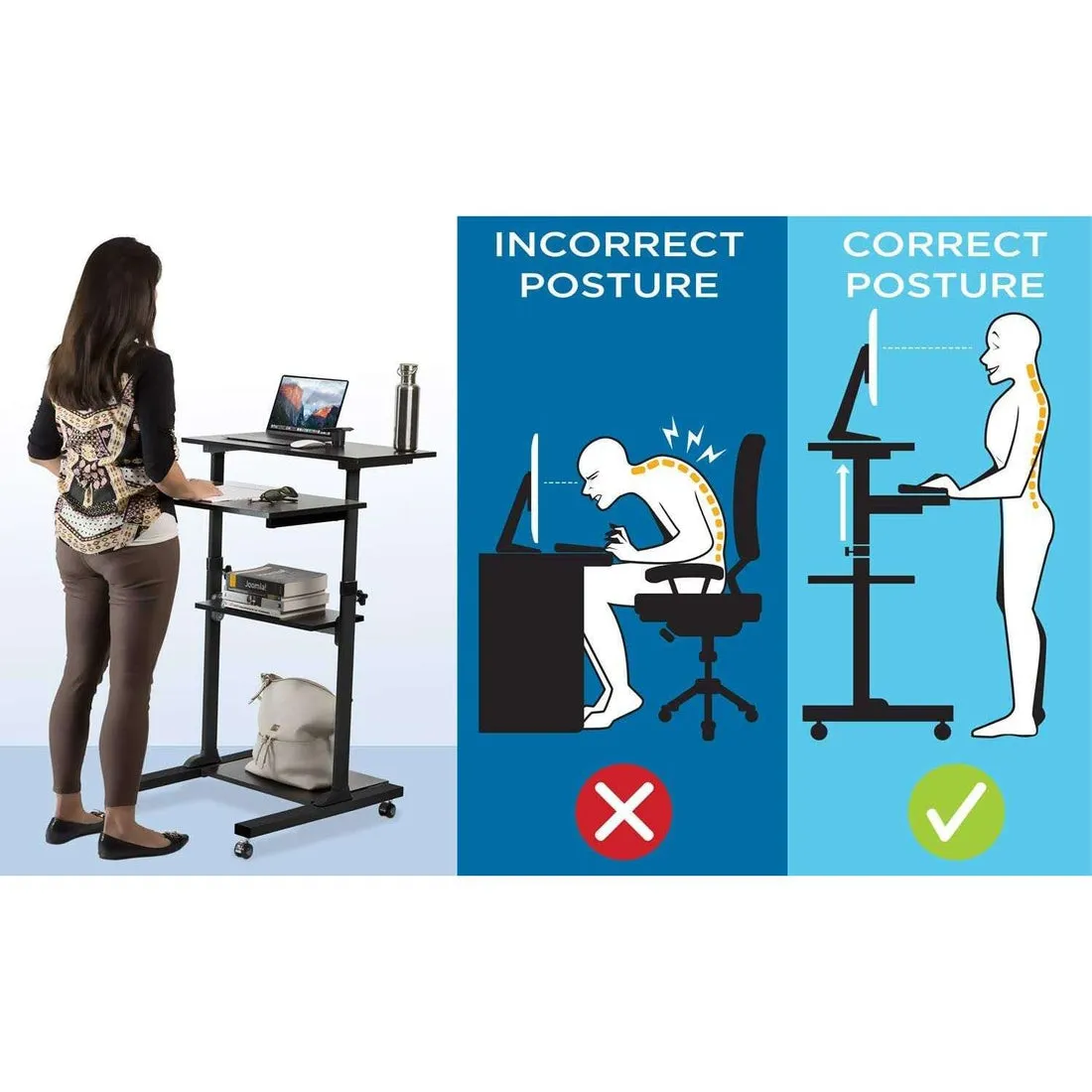 Mount-It! MI-7972/7970 Mobile Standing Desk, Height Adjustable Computer Work Station, Rolling Presentation Cart with 27.5"W Platform, Locking Wheels