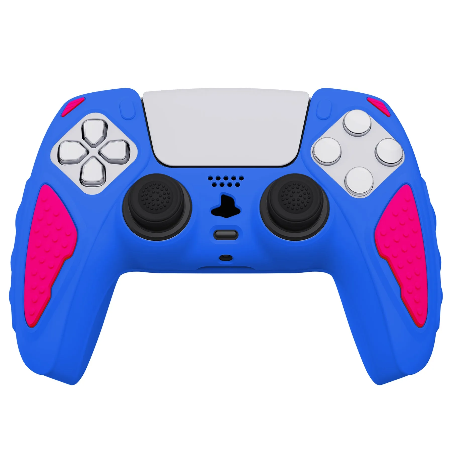 PlayVital Knight Edition Primary Blue & Bright Pink Two Tone Anti-Slip Silicone Cover Skin for Playstation 5 Controller, Soft Rubber Case for PS5 Controller with Thumb Grip Caps - QSPF013