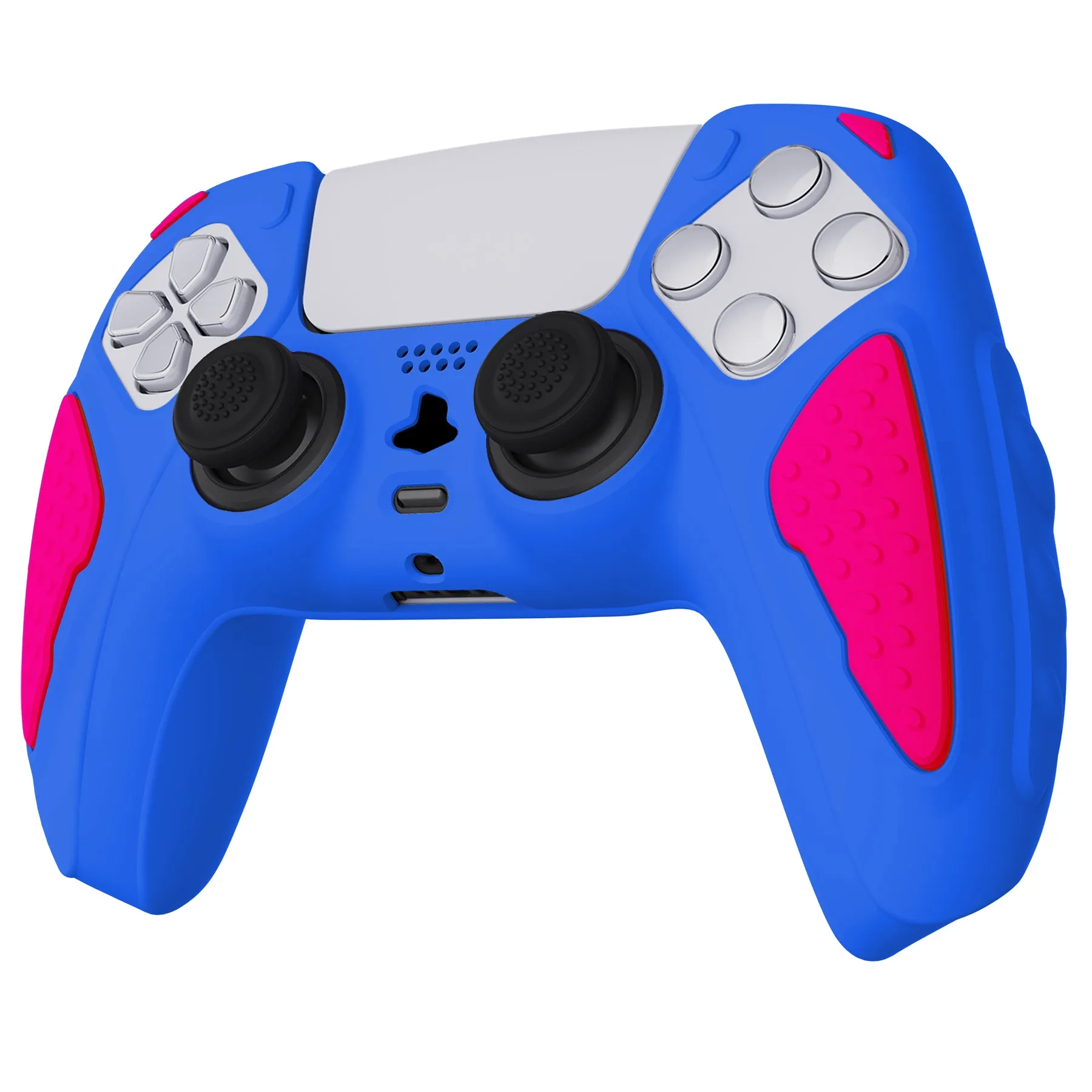 PlayVital Knight Edition Primary Blue & Bright Pink Two Tone Anti-Slip Silicone Cover Skin for Playstation 5 Controller, Soft Rubber Case for PS5 Controller with Thumb Grip Caps - QSPF013