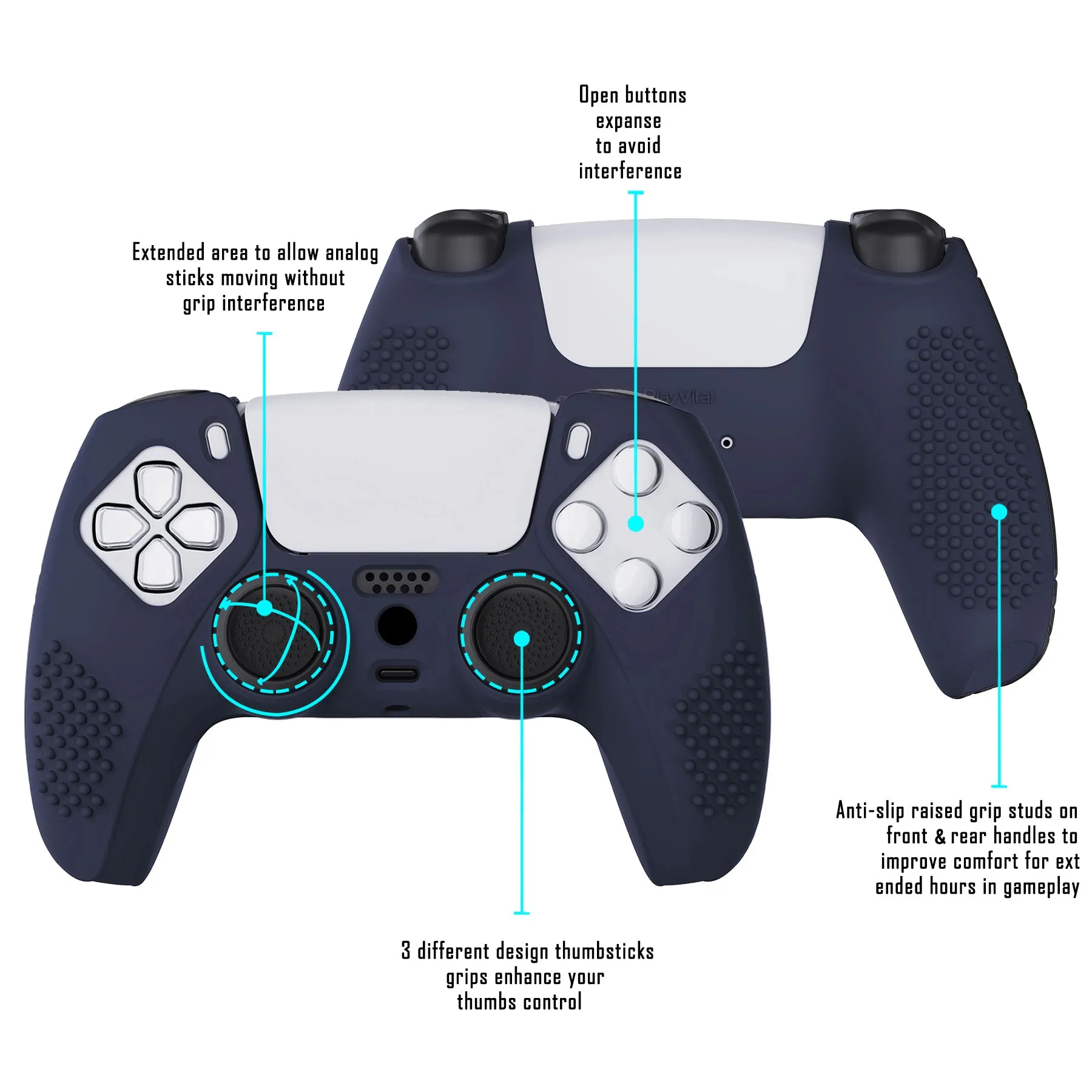 PlayVital Midnight Blue 3D Studded Edition Anti-slip Silicone Cover Skin for 5 Controller, Soft Rubber Case Protector for PS5 Wireless Controller with 6 Black Thumb Grip Caps - TDPF003