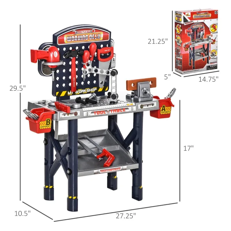 Qaba 55 PCS Kids Workbench and Construction Toy, Toddler Tool Workshop, STEM Educational Pretend Play, w/ Shelf Storage Box, Gift for Boys & Girls, Aged 3-6 Years Old