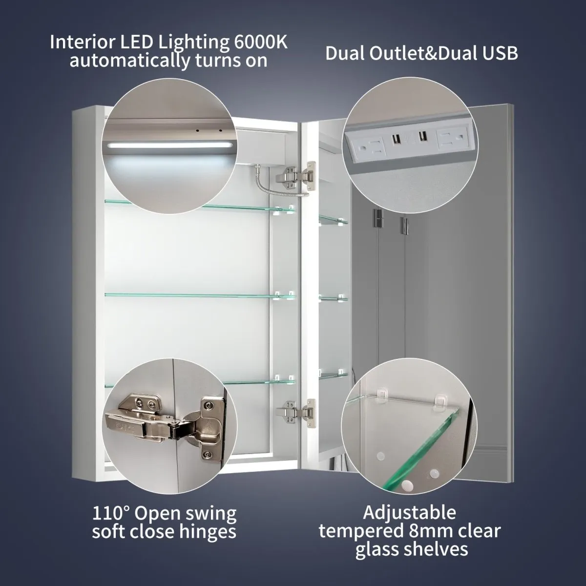 Rim 20" W x 30" H Lighted Medicine Cabinet Recessed or Surface LED Medicine Cabinet with Outlets & USBs,Hinge on the right