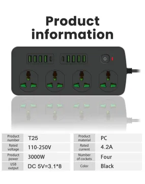 Sht Power Socket- 4 Ac-8Usb-2Type C 3000W/ Cable 3M