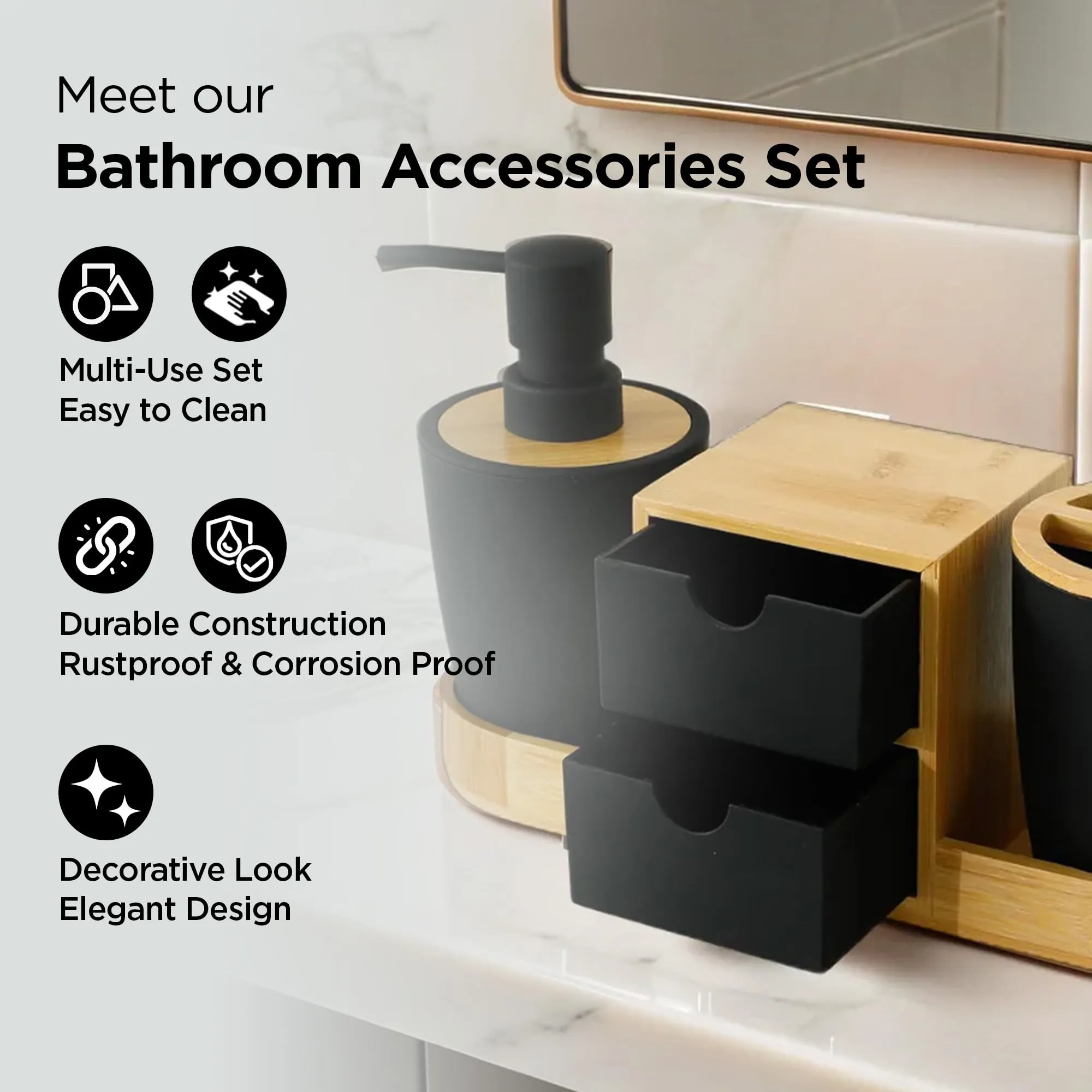 UMAI 3pcs ABS Bathroom Accessories Set | Soap Dispenser (340ML), Toothbrush Holder & Organizer | Liquid Soap Dispenser for Bathroom | Bathroom Organiser | Handwash Dispenser | Black