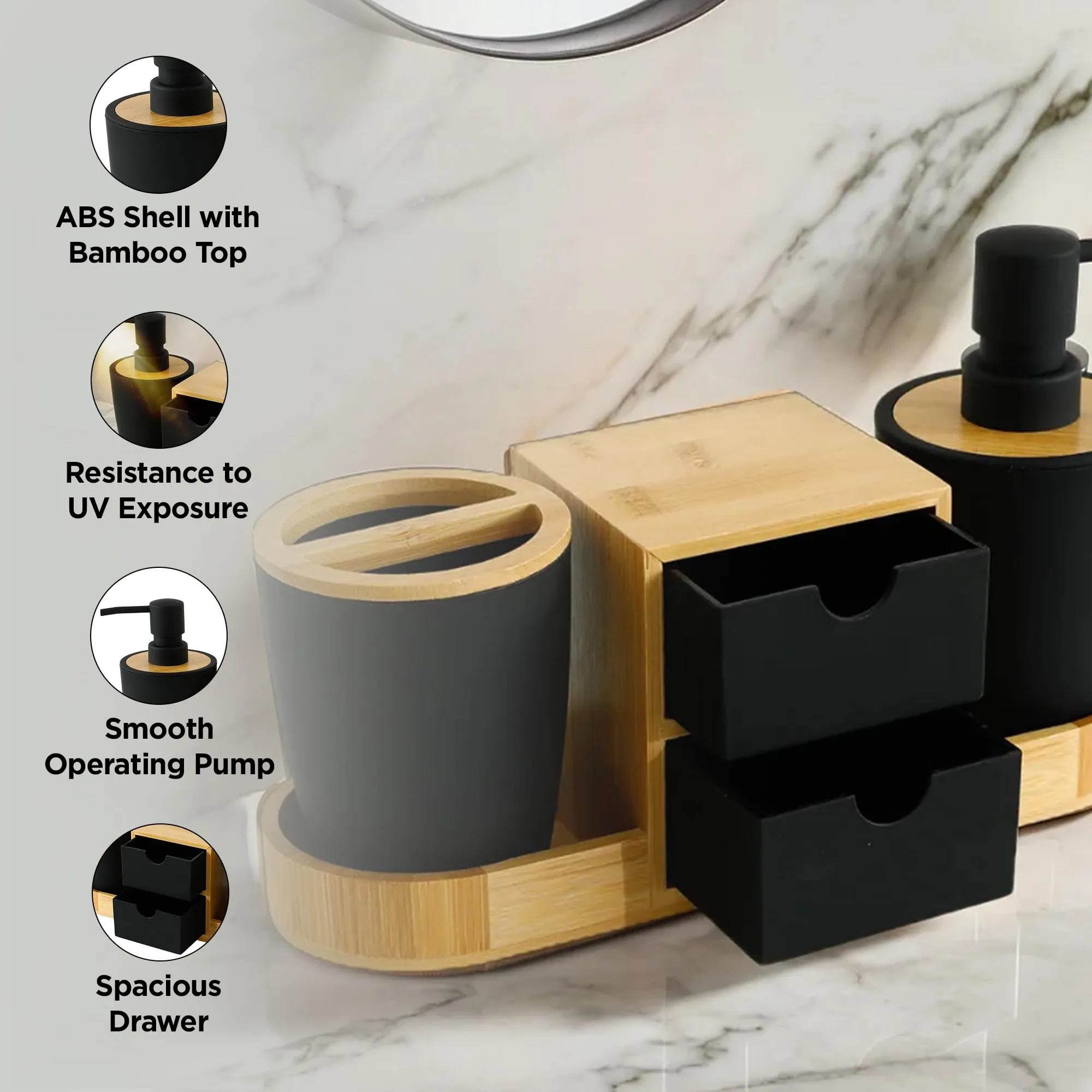 UMAI 3pcs ABS Bathroom Accessories Set | Soap Dispenser (340ML), Toothbrush Holder & Organizer | Liquid Soap Dispenser for Bathroom | Bathroom Organiser | Handwash Dispenser | Black