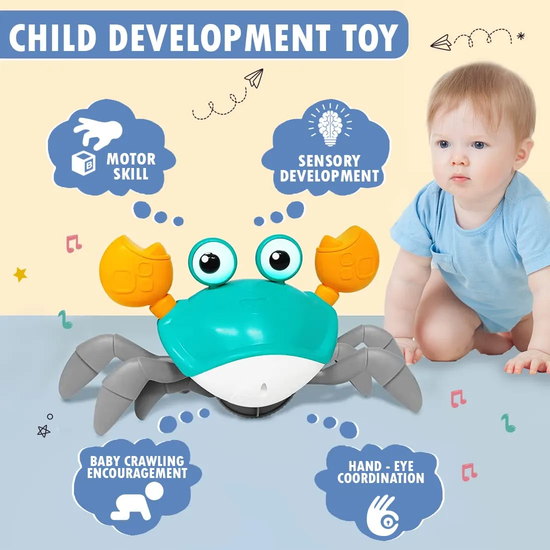 Wembley Crawling Crab Baby Toy for Kids Toddlers Infant Tummy Time Interactive Moving Toys for Babies 12 Months Electric Sensor Musical Dancing Walking Crab Toy Gift for Kids 1 2 3 Year Rechargeable